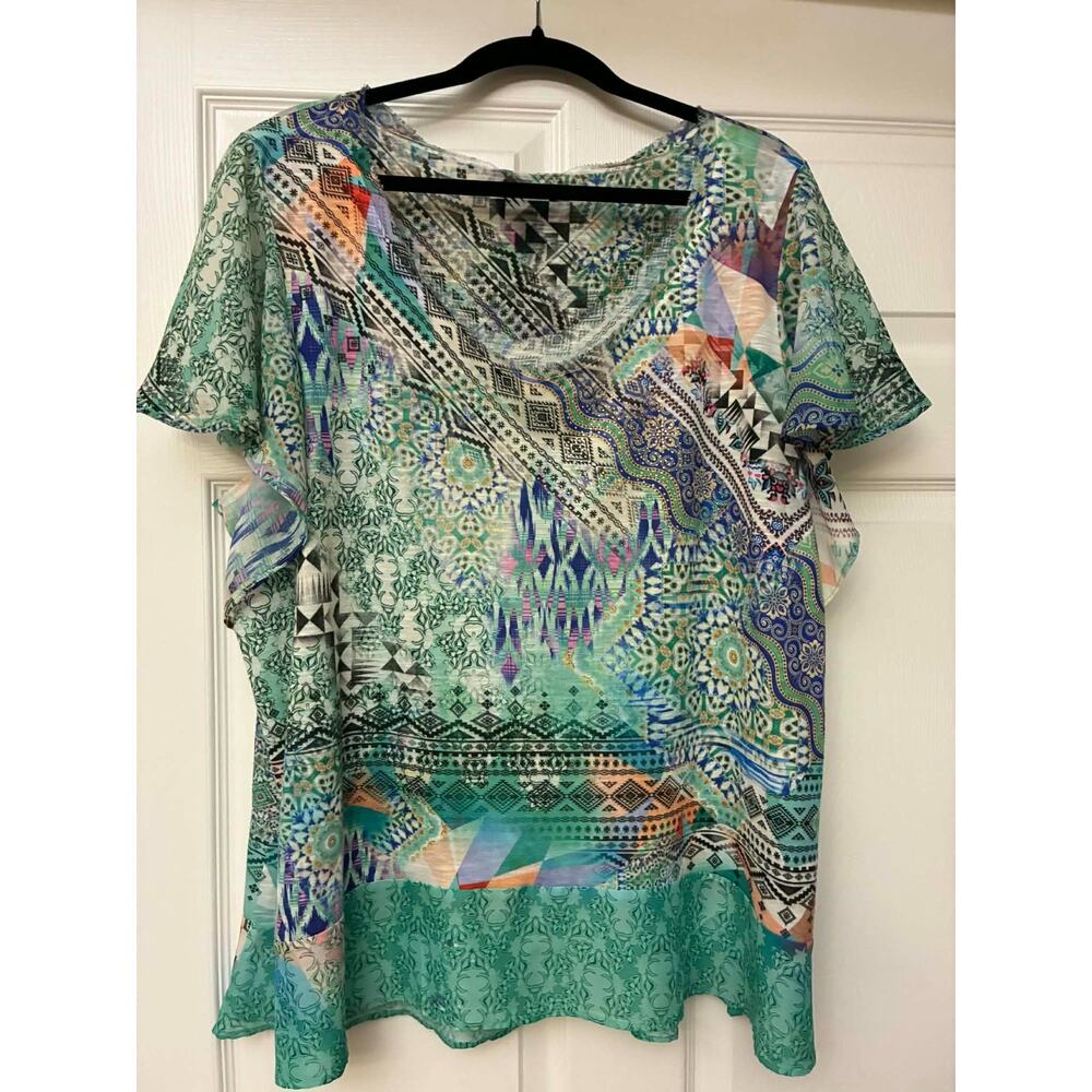 French Blue Woman 3X Boho Patchwork Sheer Blouse Tunic Short Sleeve‎ Plus